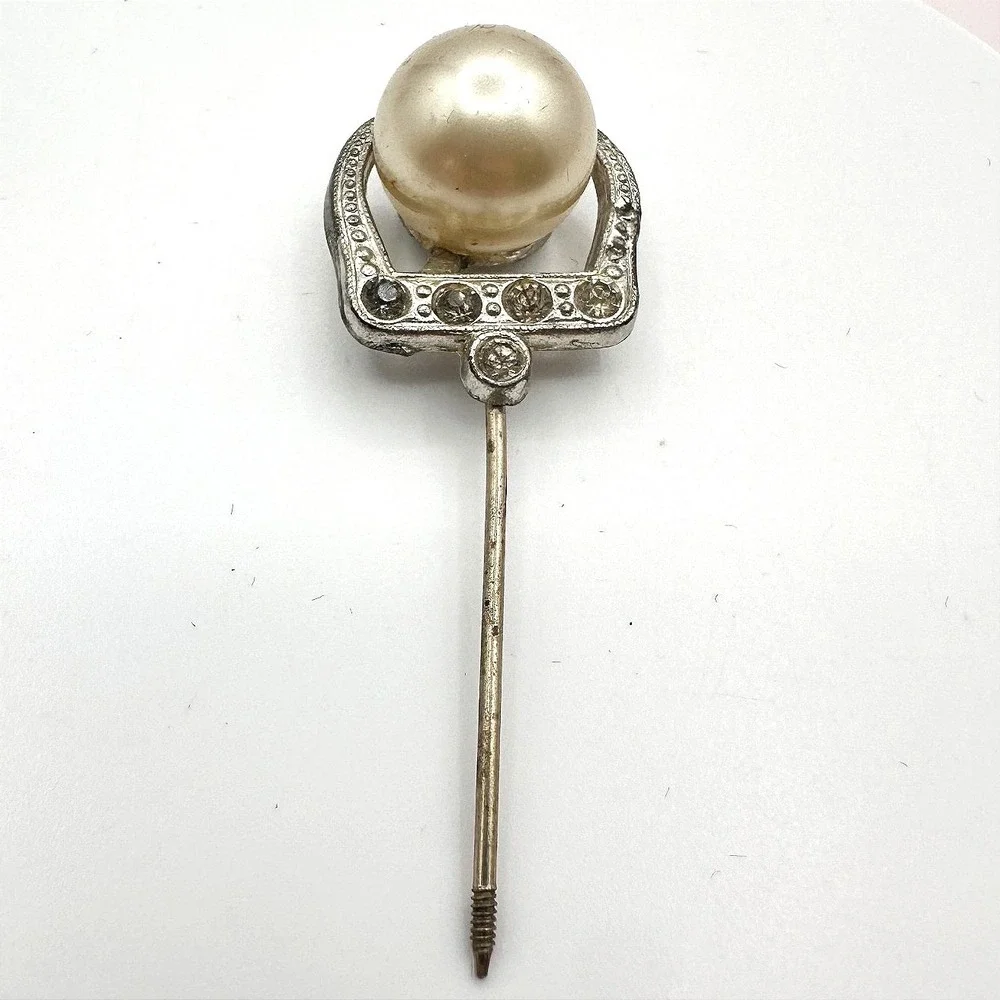 Vintage‎ Y2K Silver Tone Faux Pearl Hair Stick Pin Rhinestone Unisex Jewelry